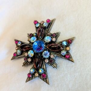 Vintage Signed FLORENZA Bejeweled Maltese Cross Brooch Pin Pendant